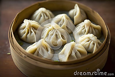 Chinese steamed dumplings in bamboo basket on wooden table. Stock Photo
