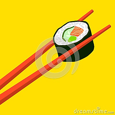 Chinese sticks and Japanese rolls. vector illustration on yellow background Vector Illustration