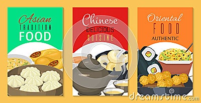 Chinese street, restaurant or homemade food ethnic menu cards vector illustration. Asian dinner dish plate. Traditional Vector Illustration