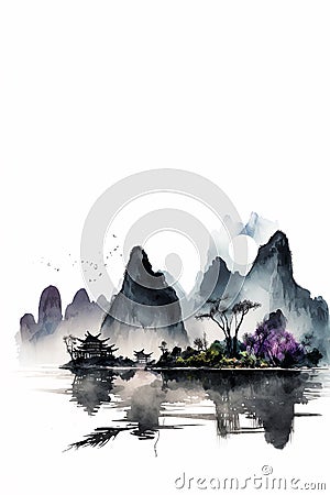 Chinese Style Guilin watercolor Landscape Background Material, minimalistic Stock Photo