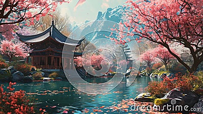 Chinese style pavilion in the autumn forest, 3D illustration. Generative AI Cartoon Illustration