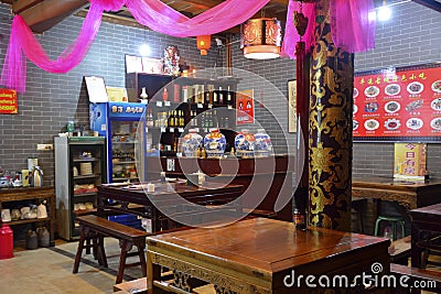 Chinese style small restaurant with red ribbon Editorial Stock Photo