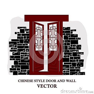 Chinese style window tracery pattern door and wall. Vector Illustration