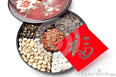 Chinese sytle snack tray and chinese calligraphy, meaning for bl Stock Photo