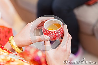 Chinese tea ceremony cups in wedding day Stock Photo