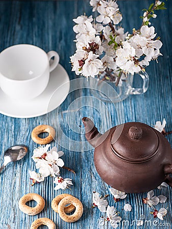 Chinese teapot and flowers apricots Stock Photo