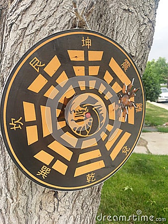 Chinese throwing star target in yellow and black dragon center Stock Photo