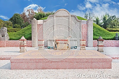 Chinese tomb stone in graveyard with blue sky Stock Photo