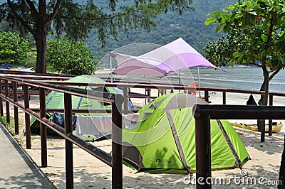 Chinese tourism camping in the beach Stock Photo