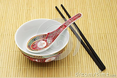Chinese traditional bowl, spoon and chopsticks Stock Photo