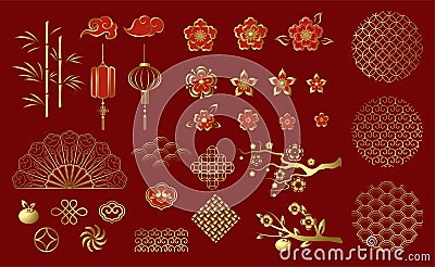 Chinese traditional decorative ornaments and elements. Set of Chinese festive gold ornaments on red background. Vector Illustration