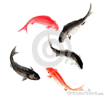 Chinese traditional distinguished gorgeous decorative hand-painted ink-carp Stock Photo