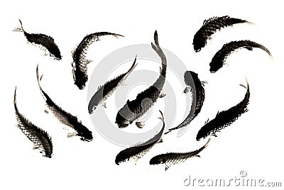 Chinese traditional distinguished gorgeous decorative hand-painted ink-carp Stock Photo