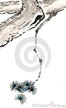 Chinese traditional distinguished gorgeous decorative hand-painted ink-pine tree Stock Photo