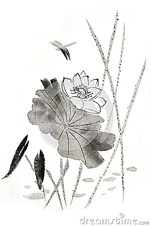 Chinese traditional distinguished gorgeous decorative hand-painted ink-water lily Stock Photo