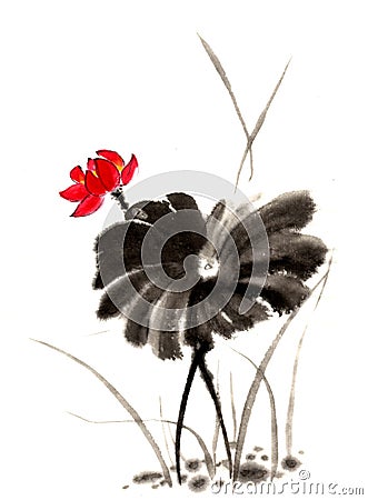 Chinese traditional distinguished gorgeous decorative hand-painted ink-water lily Stock Photo