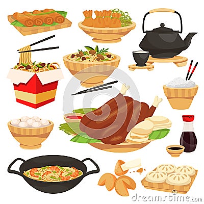 Chinese traditional holiday food dishes. Vector flat cartoon illustration. Set of isolated china cuisine meal Vector Illustration