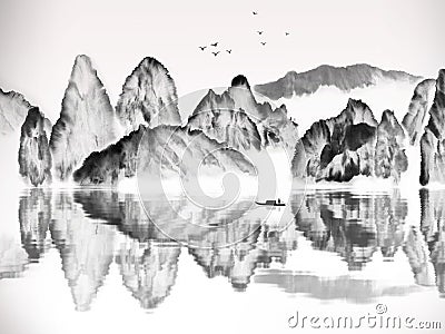 Chinese traditional landscape painting of mountains Stock Photo