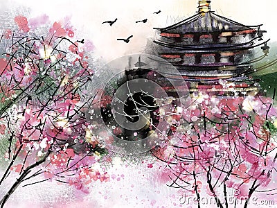 Chinese traditional painting with pagoda surronded by blossoming cherry trees. Cartoon Illustration