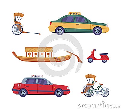 Chinese Transportation with Cart, Taxi, Boat, Moped and Rickshaw Vector Illustration Set Vector Illustration