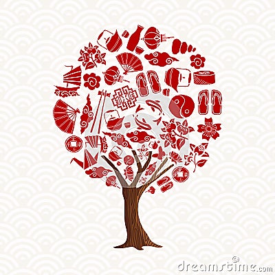 Chinese tree concept with asian culture icon set Vector Illustration