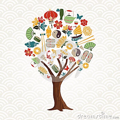 Chinese tree concept with asian culture icon set Vector Illustration