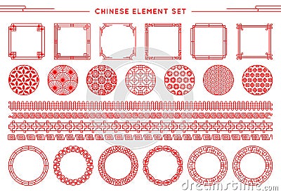 Chinese vector set of border, frames, patterns, knots isolated on white background. Asian red elements for new year Vector Illustration