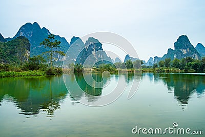 Chinese village, Karst mountain landscape Editorial Stock Photo