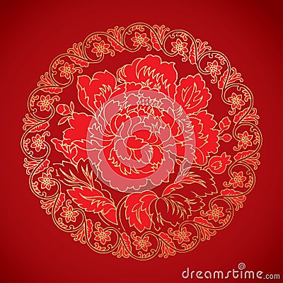 Chinese vintage Peony elements on classic red background Vector Illustration