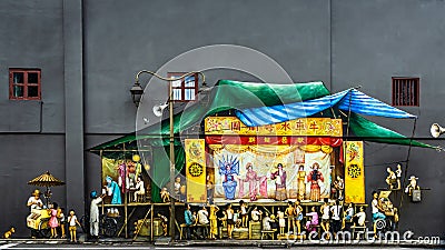 Chinese wall mural, Temple Street, Chinatown, Chinese opera was once a popular form of street entertainment. Editorial Stock Photo