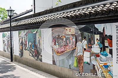 Chinese wall mural, urban painting of village life Editorial Stock Photo