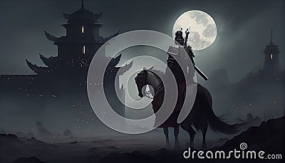 Chinese warrior, long sword, burning castle, gray sky Stock Photo