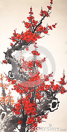 Chinese watercolor cherry painting Stock Photo