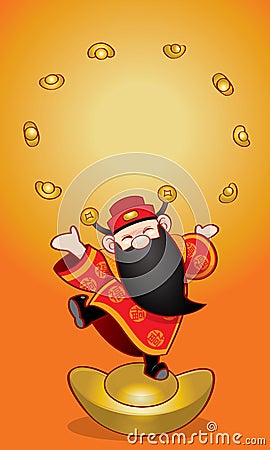 Chinese wealth god with Chinese New Year`s elements background. Vector Illustration