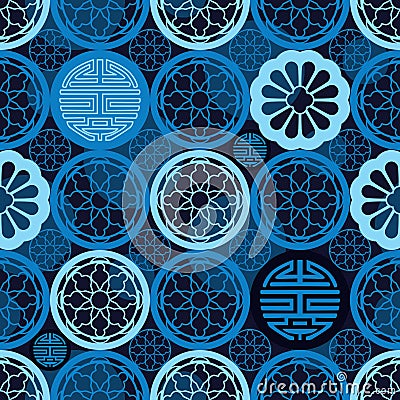 Chinese window long life symmetry blue seamless pattern Vector Illustration