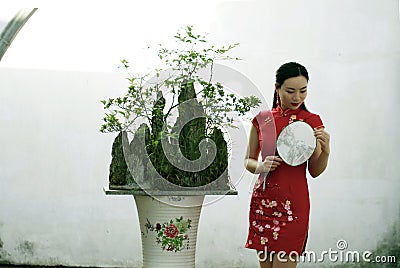 Chinese woman in cheongsam in Mudu ancient town by a bonsai trees and mountains Stock Photo