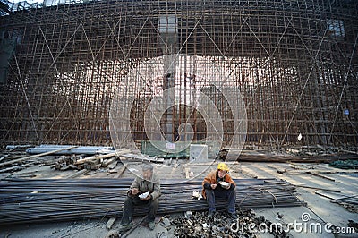 Chinese workers have lunch Editorial Stock Photo