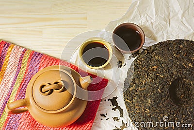 Chinese Yixing clay tea set with teapot and cups with hot black Stock Photo