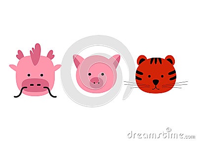 Chinese zodiac animal in flat style, dragon tiger pig. Vector illustration Vector Illustration