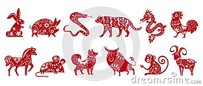 Chinese zodiac animal symbols isolated on white set of vector illustrations. Horoscope signs silhouette with ethnic Vector Illustration