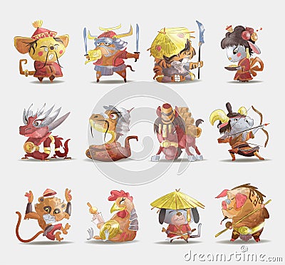 Chinese zodiac animals cartoon set of rabbit dog monkey pig tiger horse dragon goat snake rooster ox rat isolated Vector Illustration