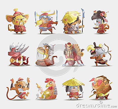 Chinese zodiac animals cartoon set of rabbit dog monkey pig tiger horse dragon goat snake rooster ox rat isolated cartoon hand Cartoon Illustration