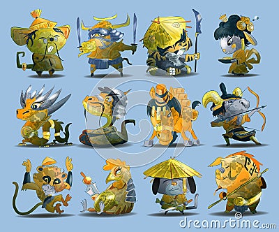 Chinese zodiac animals cartoon set of rabbit dog monkey pig tiger horse dragon goat snake rooster ox rat isolated Vector Illustration