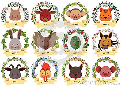 Chinese zodiac animals with flowers and ribbons Vector Illustration