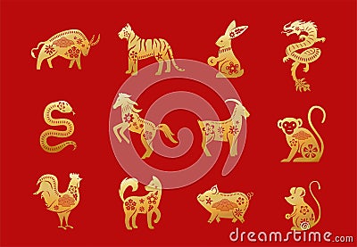 Chinese zodiac animals. Twelve asian new year golden characters set isolated on red background. Vector illustration of Vector Illustration