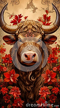 Chinese zodiac bull sign with red flowers generative AI Stock Photo