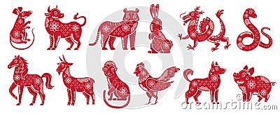 Chinese Zodiac New Year signs. Traditional china horoscope animals, red zodiacs silhouette vector illustration set Vector Illustration