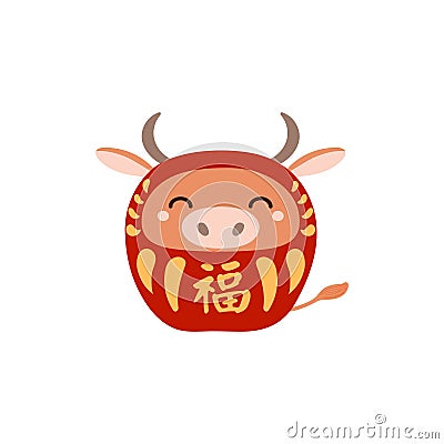 Chinese zodiac sign, cute cartoon ox daruma doll character illustration. Vector Illustration