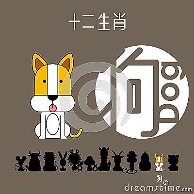 Chinese zodiac sign dog with Chinese character `dog` Vector Illustration