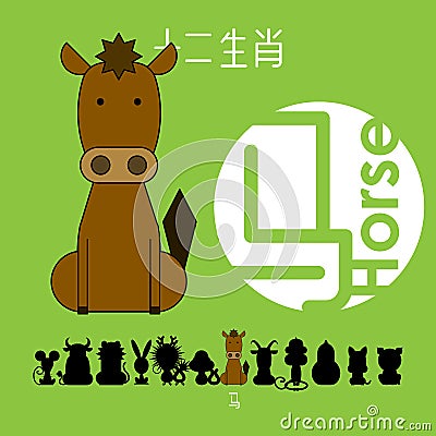 Chinese zodiac sign horse with Chinese character `horse`. Vector Illustration